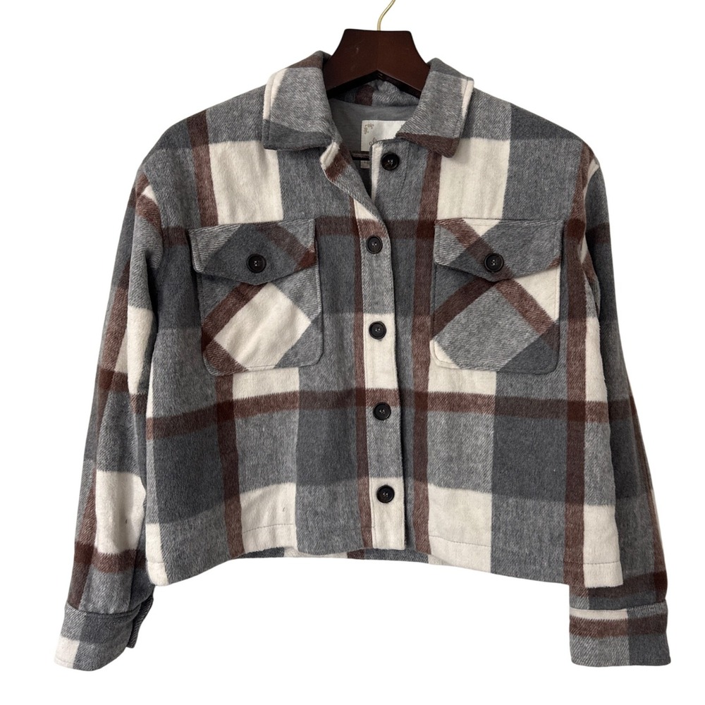 Altard State Gray Plaid Button‎ Front Cropped Flannel Shacket Medium